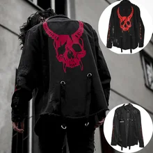 FUNKLOUZ Hip Hop Men Denim Jacket Skull Print Streetwear Coat Plus Size S-XXXL