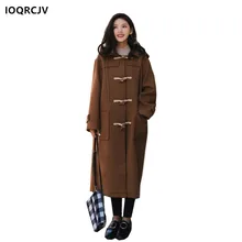 Women’s Winter Coat Horn Button Loose Overcoat Blended Woolen Long Sleeves Hooded Casual Solid Coat Female Jacket IOQRCJV F12