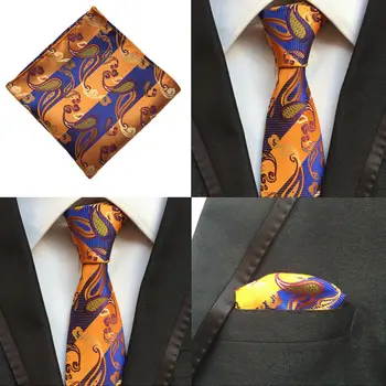 

Men Orange Blue Paisley Tie Pocket Square Wedding Handkerchief Set Lot HZTIE0142