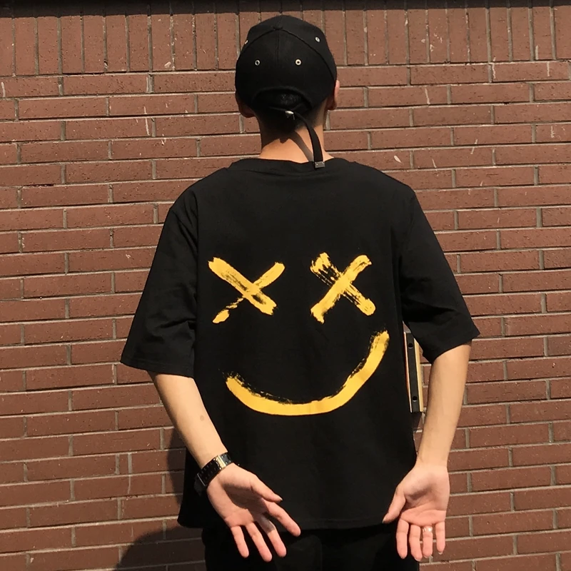 

2019 New Brand Mens T-Shirts Summer cotton Short Sleeve T Shirts HAPPY FACE printed Hip hop TEE