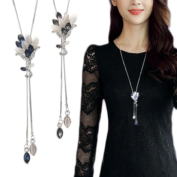 

fashion flower long tassel pendant necklace charm crystal blue necklace chain for women girls Dress Accessories SweaterJewelry