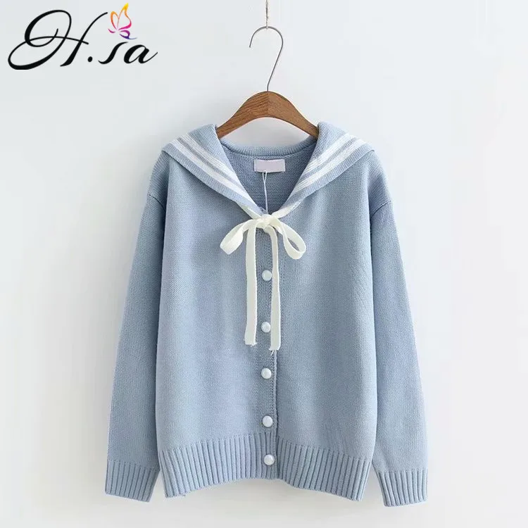 

H.SA Women Sweater and Cardigans 2019 England Style Button Up Bow Knit Jacket Casual Blye Cardigans Spring Outwear Sweater Tops