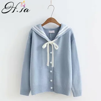 

H.SA Women Sweater and Cardigans 2019 England Style Button Up Bow Knit Jacket Casual Blye Cardigans Spring Outwear Sweater Tops