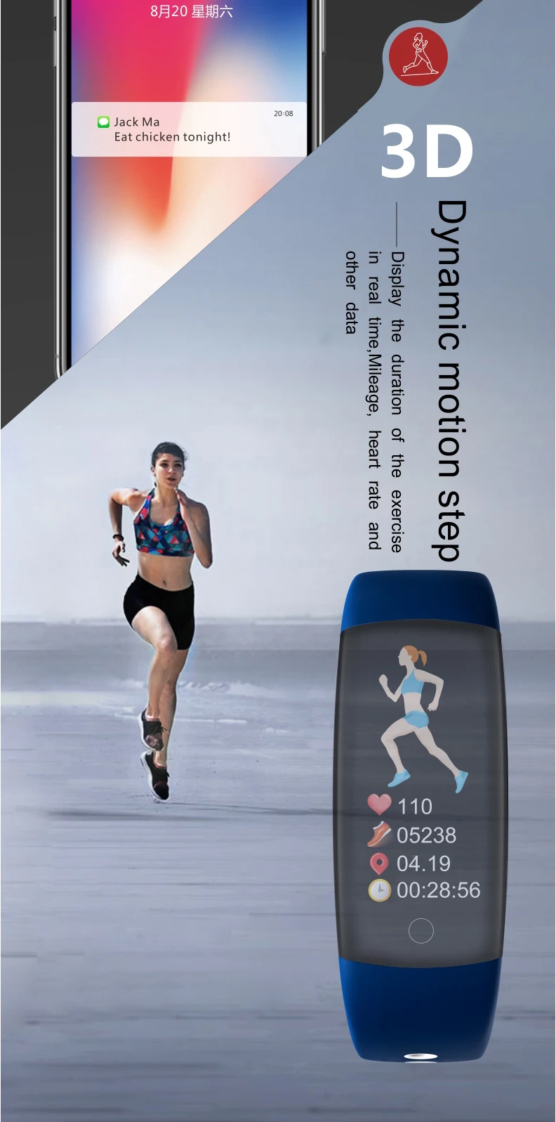 Q6S Smartband цвета 3D динамический монитор сердечного ритма кровяного давления умный Браслет Водонепроницаемый спортивный фитнес часы