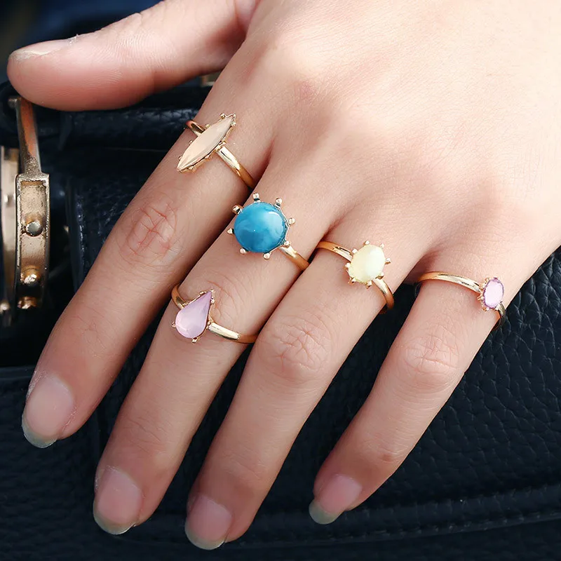 EJSPACE Fashion 5pcs/set Gold Color Midi Finger Ring Set Multicolor