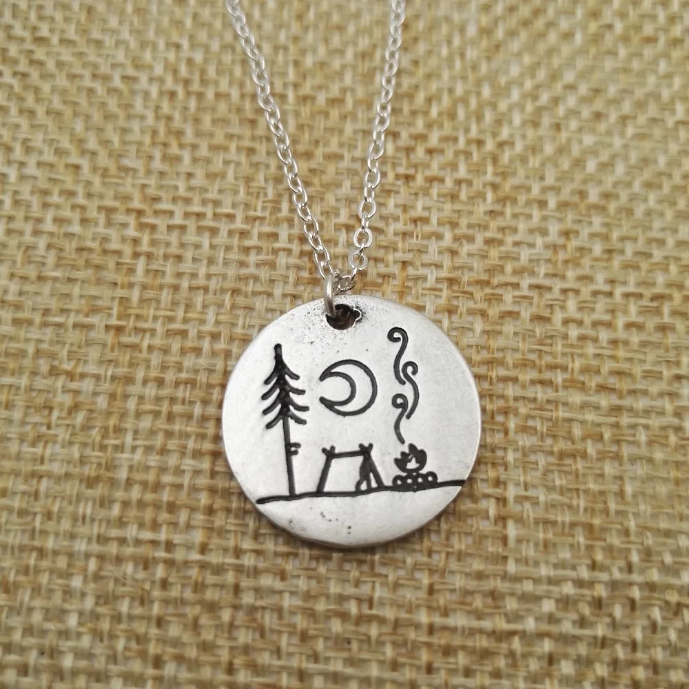 2pcs Lovely Camping Under A Big Bright Moon Camping Necklace Outdoor Jewelry Lsimple Life