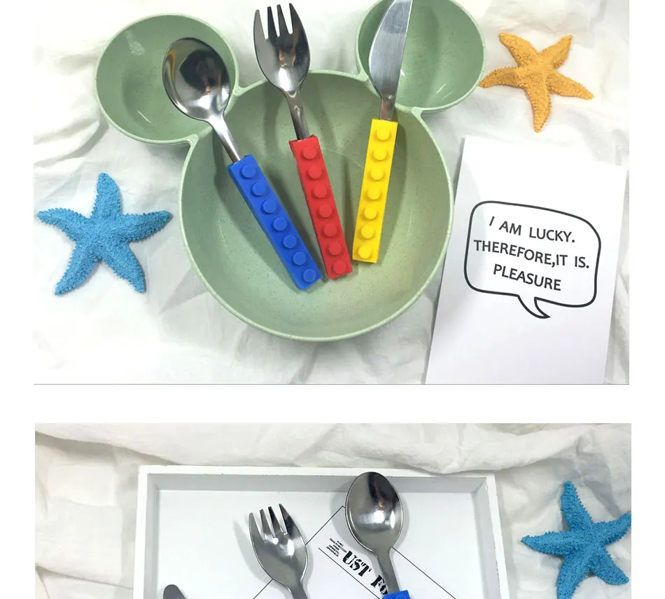Creative Lego Bricks Portable Silicone Stainless Steel Tableware Set Travel Kids Adult Cutlery Fork Picnic Set Gift Dinnerware (6)