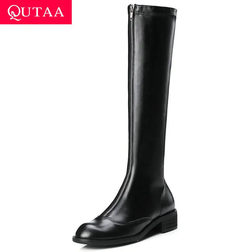

QUTAA 2020 Women Middle Heel Over The Knee Boots and Knee High Boots Genuine Leather Front Zipper Autumn Women Shoes Size 34-39