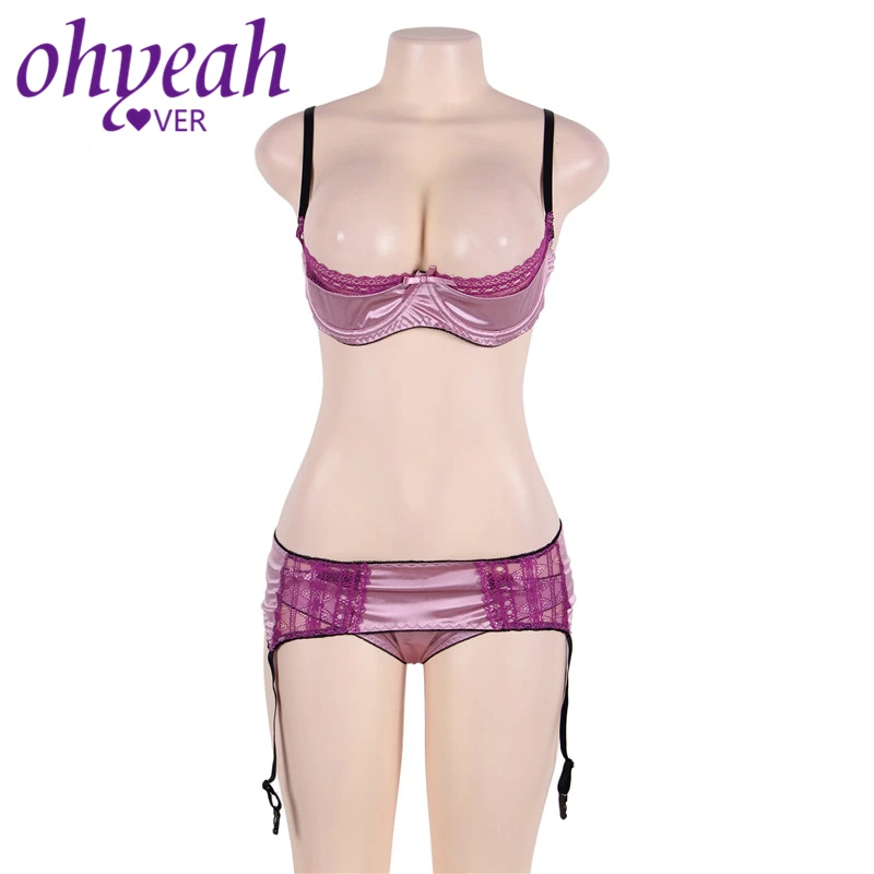 Ohyeahlover Sexy Open Cup Bra Panties Plus Size 5XL Conjunto Lingerie Garter Satin Lace Stitching Underwear Set Women RM80396