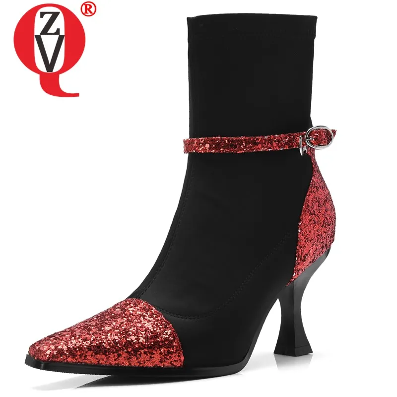 

ZVQ leather sexy ankle boots 2019 winter autumn sequin booties lycra stretch fabric party wedding 8cm high heels women's shoes