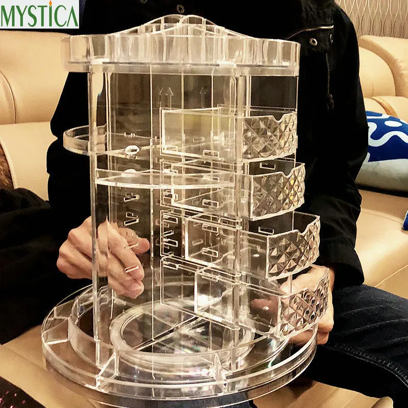  360-degree Rotating Drawer Makeup Storage Box Brush Holder Jewelry Organizer Case Transparent Acryl