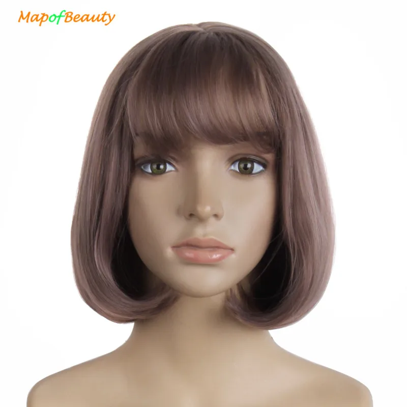 

MapofBeauty Short Curly Wigs For Women Brown Mixed Grey Purple Nautral Bob Wig Fake Full Bangs Heat Resistant Synthetic Hair