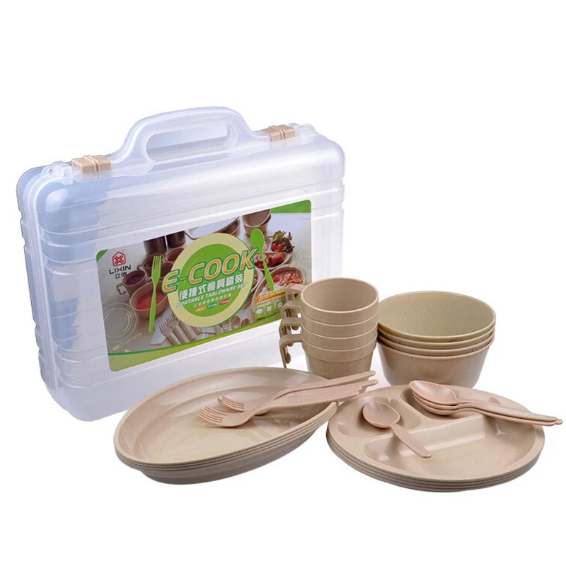 

25PCS Portable Plastic Picnic Dinnerware Sets Bento Lunch Box Dish Bowl Spoon Fork Golden Set Food Container HK036