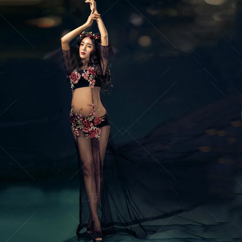 

Black Embroidery Flower Maternity Photography Props Maternity Dresses For Photo Shoot Clothes For Pregnant Women Pregnancy Dress