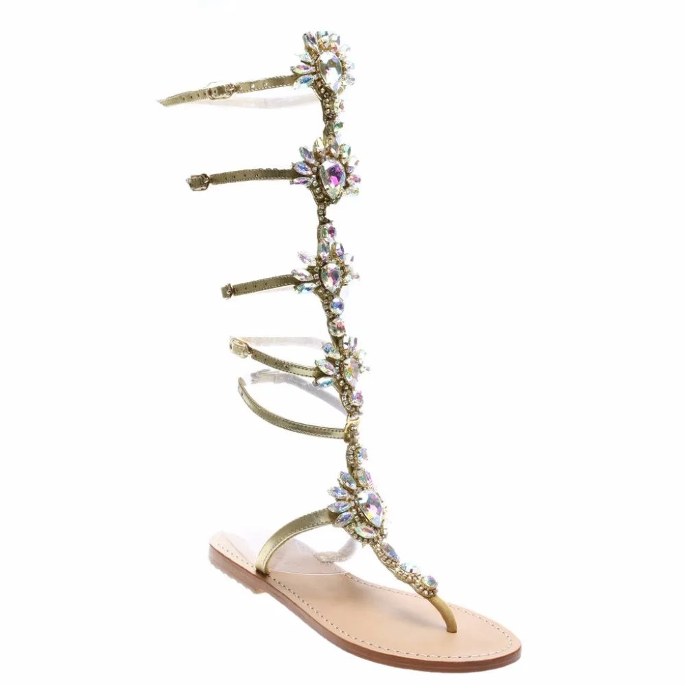 Sandalen Plus Flache Schuhe Schöne Kristall Feminina Frauen Golden Sommer Gladiator Gold blue Sandalia Größe Strass vqqBxw4E