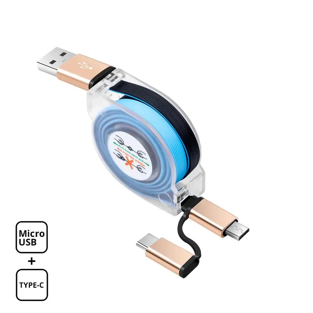 Ankndo 2 в 1 USB кабель Выдвижной usb type C Micro USB кабель Быстрая зарядка передача данных провод 1 м Мини шнур для мобильного телефона - Цвет: Небесно-голубой