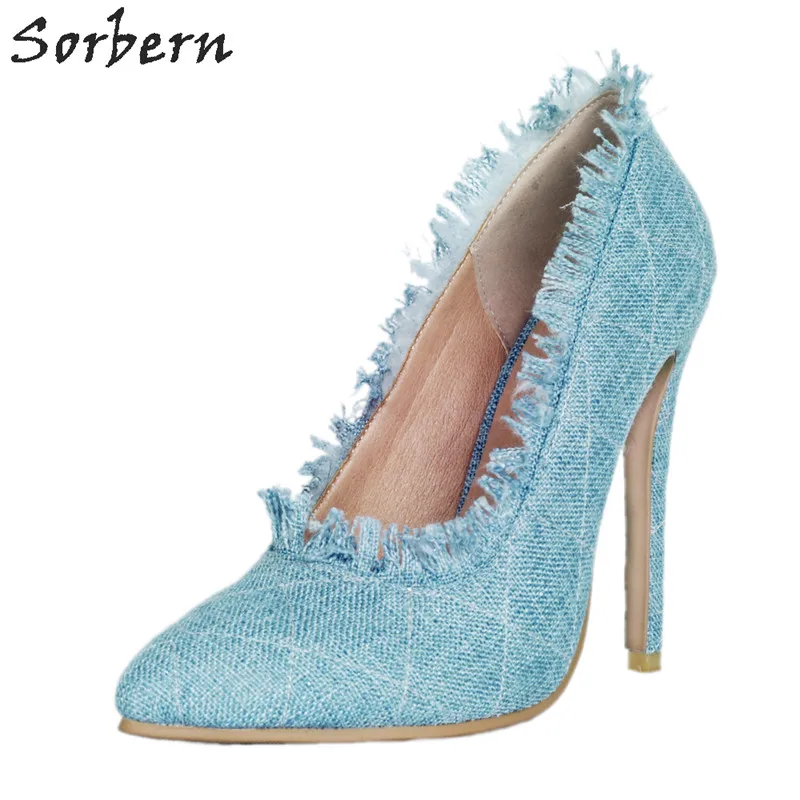 Sorbern Pale Blue Denim Women Pumps Pointed Toe Slip On Pointed Toe Metallic High Heel Pumps Sky Blue, Champagne