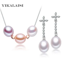 YIKALAISI ювелирные изделия из стерлингового серебра 925 пробы натуральный жемчуг набор украшений для женщин кулон ожерелье и серьги 9-10 мм Жемчуг