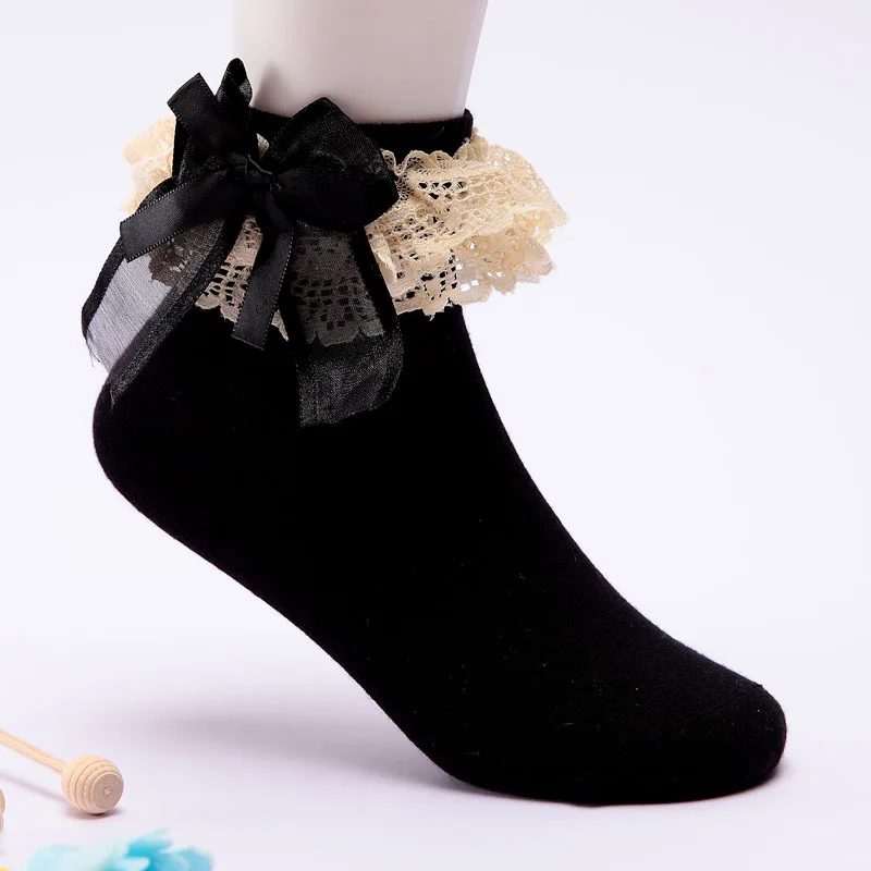 Демисезонный большой бант Ретро кружевные носки для девочек в цветочек для маленьких девочек белое розовое платье кроя принцесса, короткие носки по голень одежда для детей из мягкого хлопка дизайнерские носки - Цвет: Черный