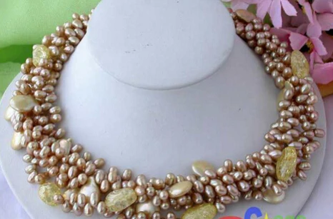 

huij 003148 5ROW 18"14mm champagne RICE COIN PEARL citrine NECKLACE