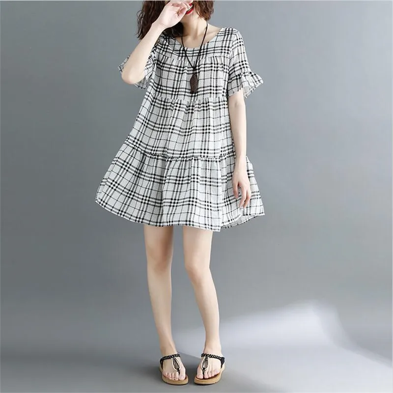 Cotton and Linen Casual Loose Plaid Short Sleeves Mini Dress Ruffles ...