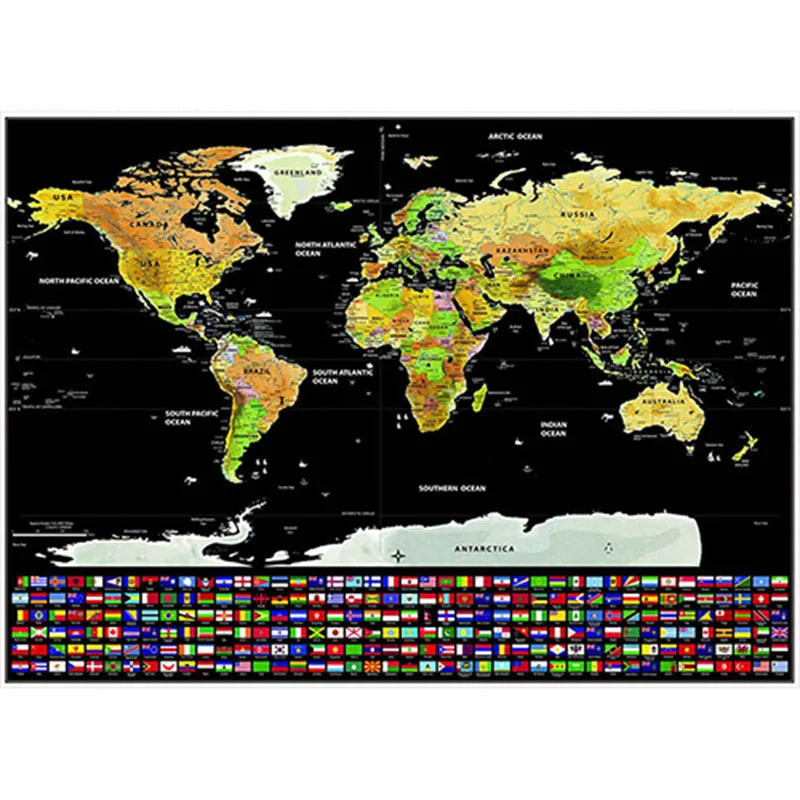 Скретч Карта мира креативные Путешествия США Канада Государственный линия флаг черное дно