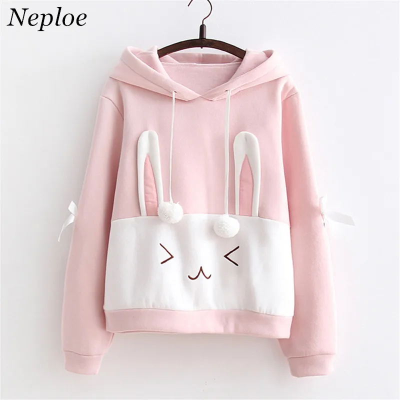 

Neploe Harajuku 2019 Autumn New Hoody Long Sleeve Hooded Pink Rabbit Pullover Female Cartoon Loose Preppy Style Women Tops 68199