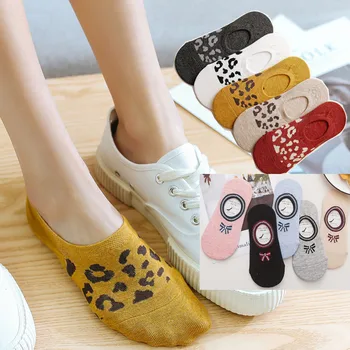 

Summer Women Girl Silica Cartoon 5Pairs Women Female Fashion Ins Style Bobbysocks Leopard Bow Print Anklets Socks Low Cut Socks