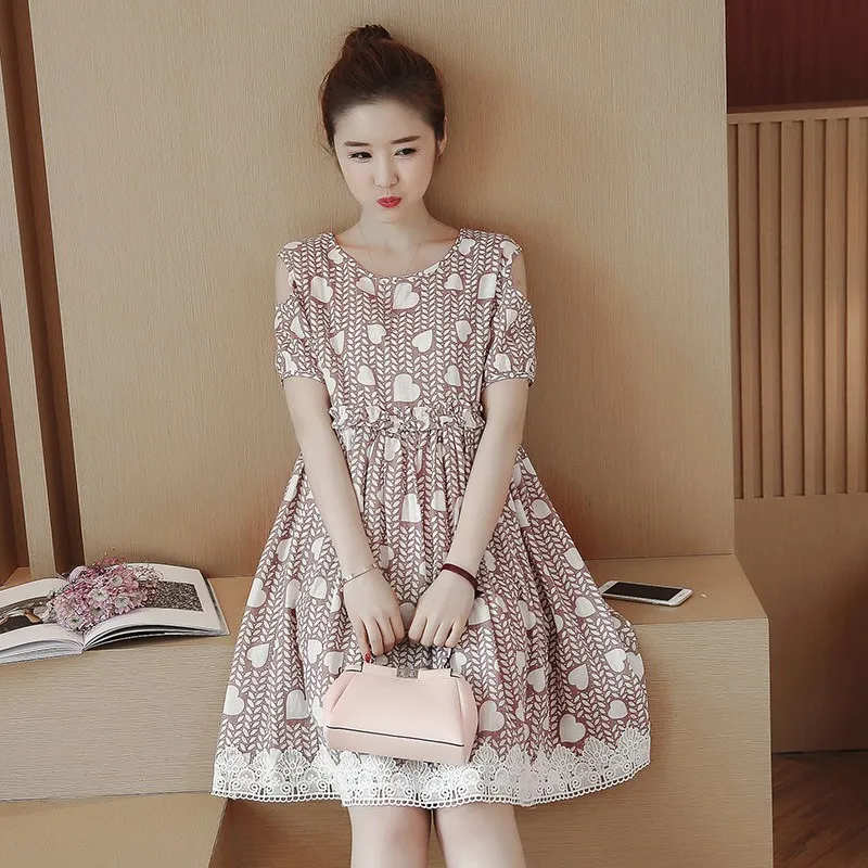 

Cotton and linen pregnant women dress out feeding dress lace stitching pregnancy dress fashion print