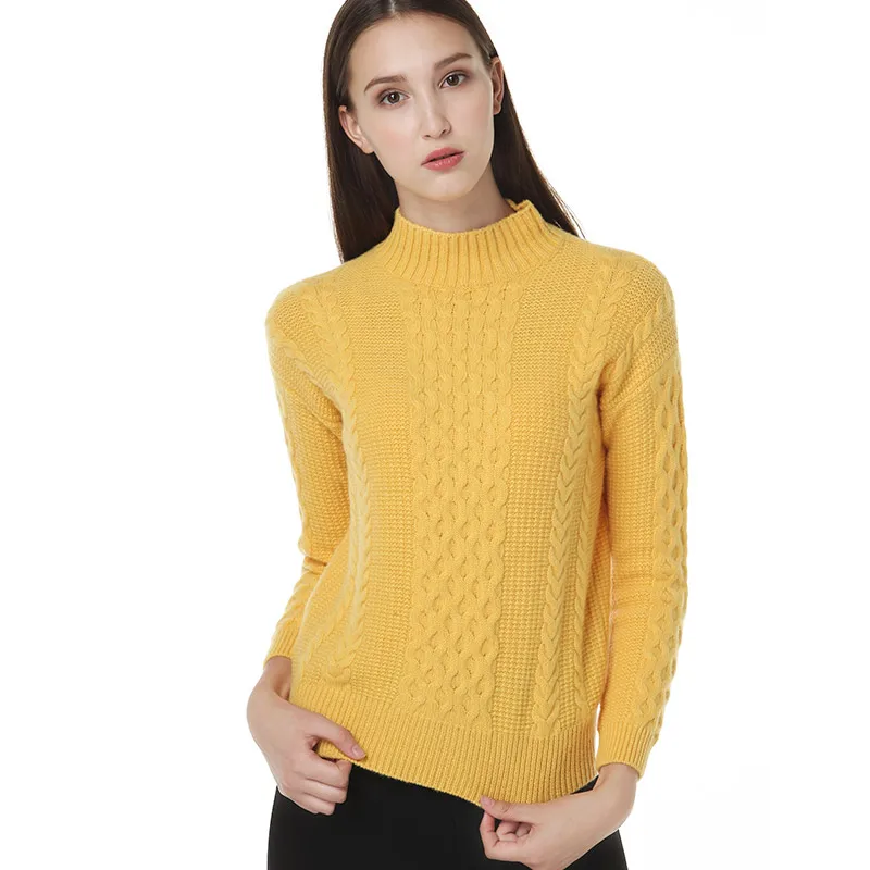  100%goat cashmere twisted thick knit women pullover sweater half-high collar H-straight claret 9col
