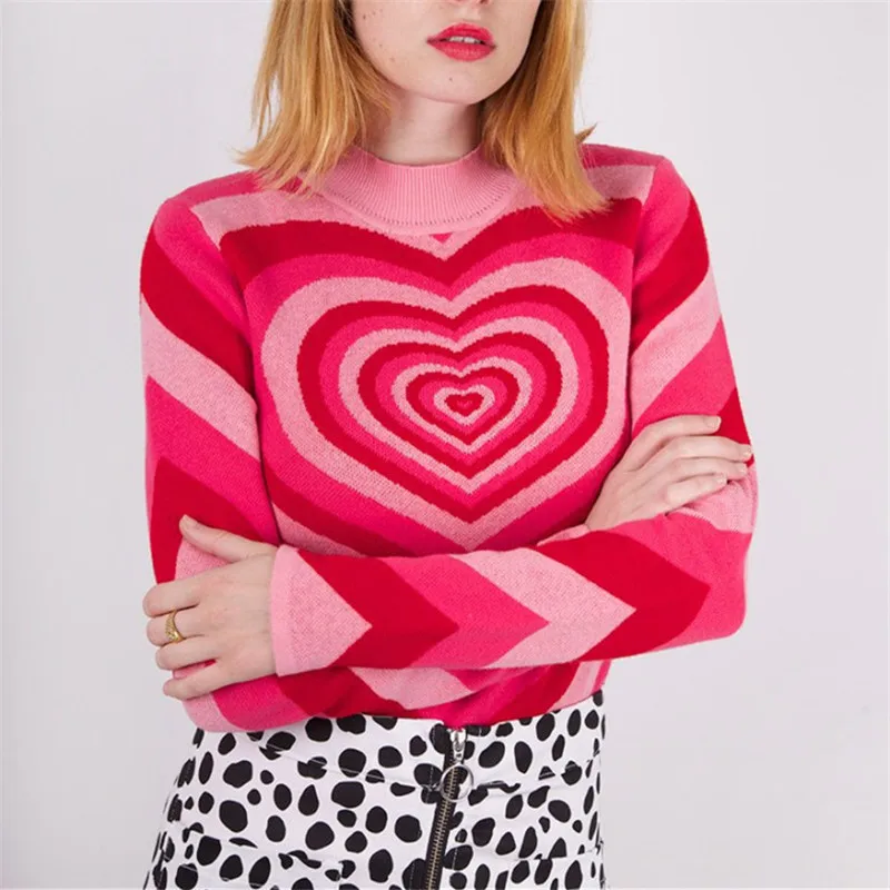

2019 Spring New Runway Women Sweater Contrast Color Long-sleeved Colorful Red Love Knit Pullover Fahsion Slim Sweaters Jumpers