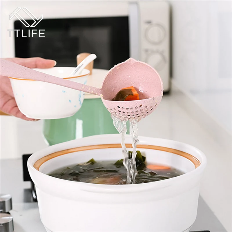 

TTLIFE Random Color 2 In 1 Soup Spoon Long Handle Porridge Spoons Colander With Filter Wheat Straw Spoon Strainer Cooking Tools