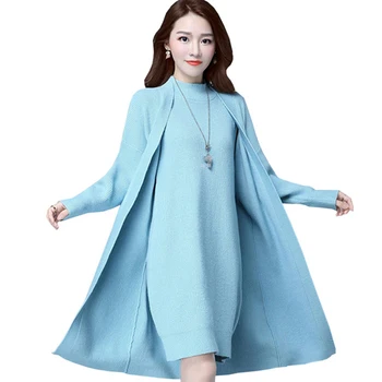 

2018 Autumn/Winter New Women Knitted Two Piece Set Women Sweater Cardigan Female Long Vest Dress Women Plus Size Two Piece F463