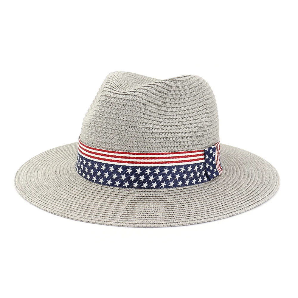 Summer Paper Straw Wide Brim Sun Hats Men Women British Style Jazz Fedora Beach Hat with US Flag Ribbon