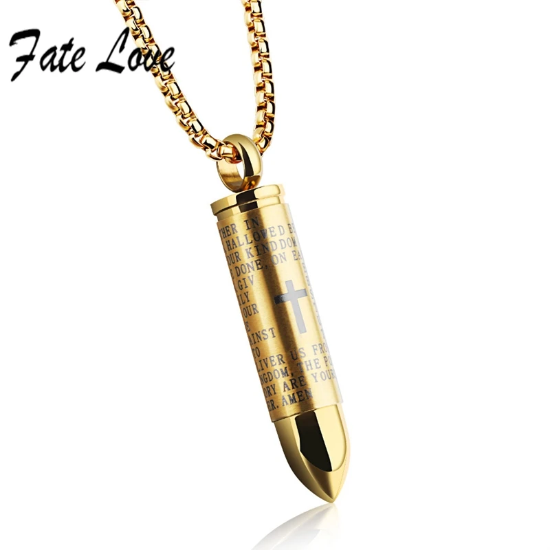 

Fate Love Punk Bullet Pendant Necklaces For Men Stainless steel can unscrew creative cross loaded paper necklace English Spanish