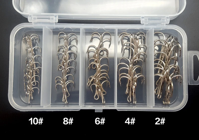 

50pcs/lot Treble Fishing Hook In Storage Box Sharpened Treble Hook Size 2/4/6/8/10 Barbed Fishhook Silver/Black Color X235