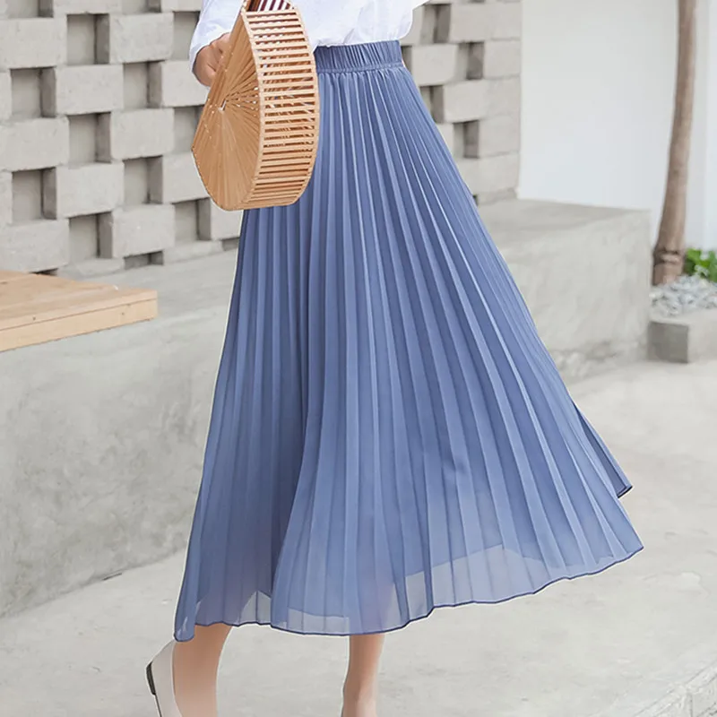 

Skirts Womens Chiffon Pleated Skirt Women Elegant Vintage Midi Skirt Office Lady High Waist Pink Skirts Female Faldas Mujer Moda