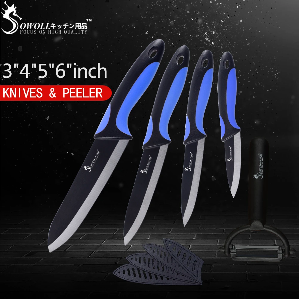SOWOLL бренд best дома Керамика Кухня Ножи черный и синий ручка 3 &quot4" 5 &quot6" Sharp ножи