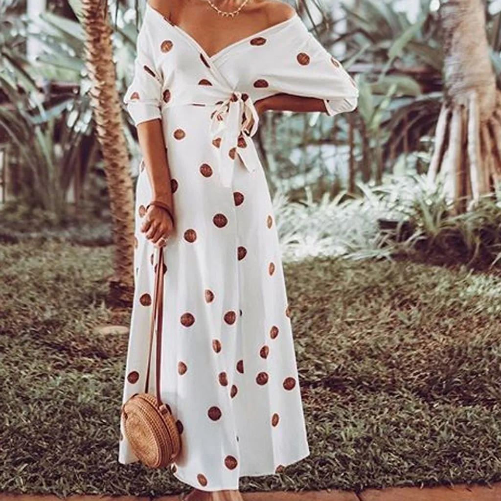 

Summer Holiday Fashion Women Club Party Dress Dress Bandage Wave Point Short Sleeve V-Neck Long Dress vestidos de fiesta jurken
