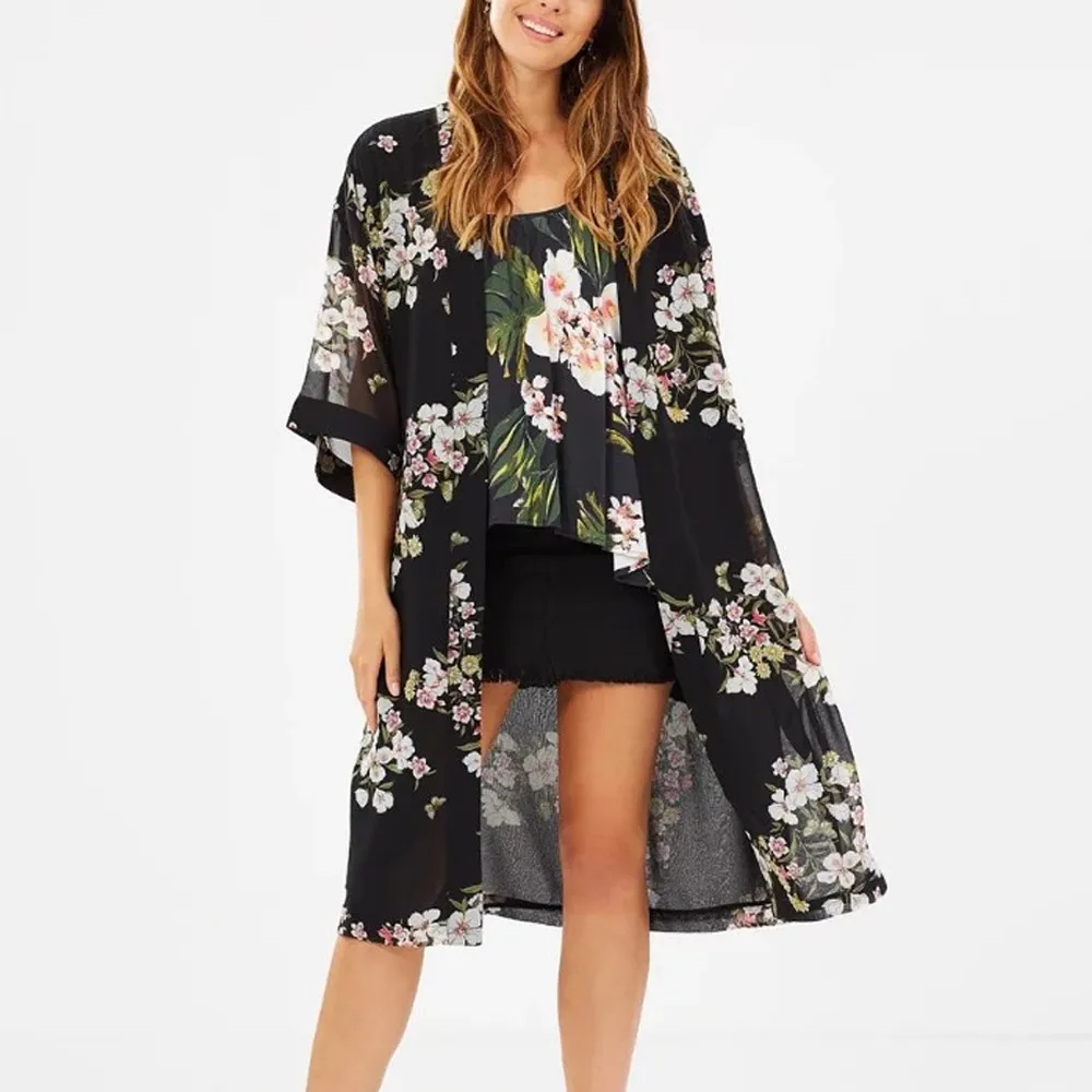 

2019 Summer Women Floral Print Bikini Cover Up Cardigan Chiffon Beach Dress Kaftan Bean Pareos Bathing Swimsuit Beachwear Cape