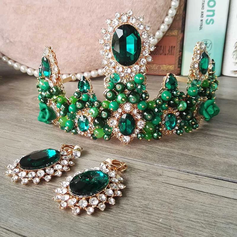 HIMSTORY ручной работы Европейский барокко Винтаж Зеленый Кристалл Rhinestone свадебные диадемы женские жемчужные свадебные аксессуары для волос