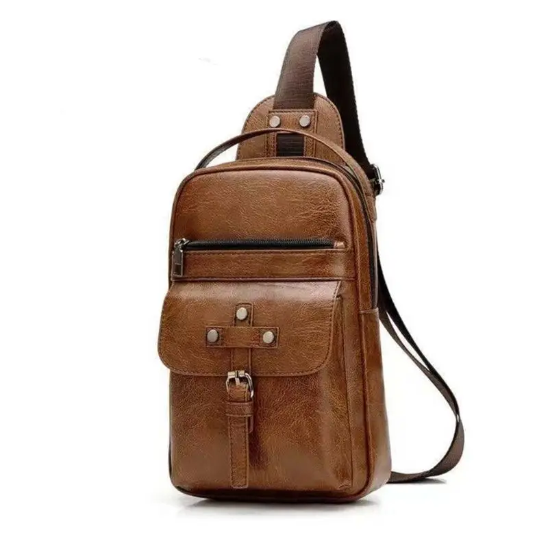 

Fashion Men Shoulder Chest Bag PU Leather Zipper USB Charging For Mobile Phone