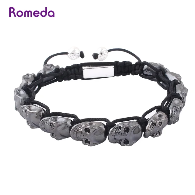 Romeda Skull Bracelets For Mens White Gold Gun Black Zinc Alloy Romeda Skull Bracelets For Mens White Gold Gun Black Zinc Alloy Beads Hand Woven