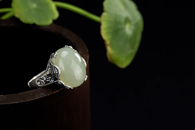 KJJEAXCMY boutique jewelry S925 Sterling Silver Antique inlaid and jade white jade rose lady's open ring finger ring