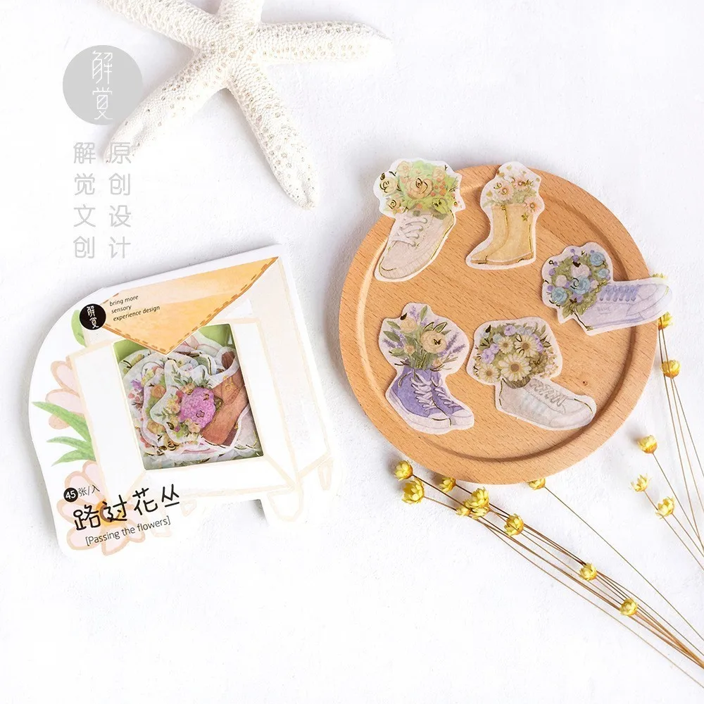 

45PCS Cartoon Passing Through The Flowers Children Stationery For DIY Albums Scrapbooking Diary Decoration Depicting Stickers