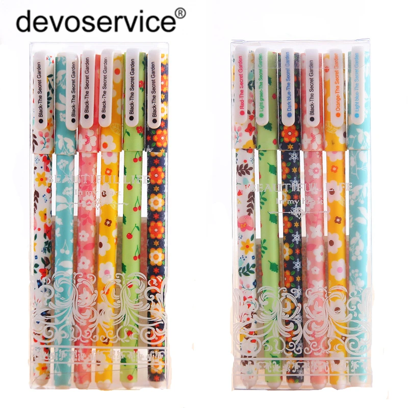 6Pcs/Set Colour Gel Pen 0.38MM Kawaii Stationery Flower Canetas Black Watercolor Pen Gifts Office Material School Supplies hidup 2023 pure design top gradequality solid cowhide black pin buckle metal belts retro style cow leather belt 38mm wide jeans