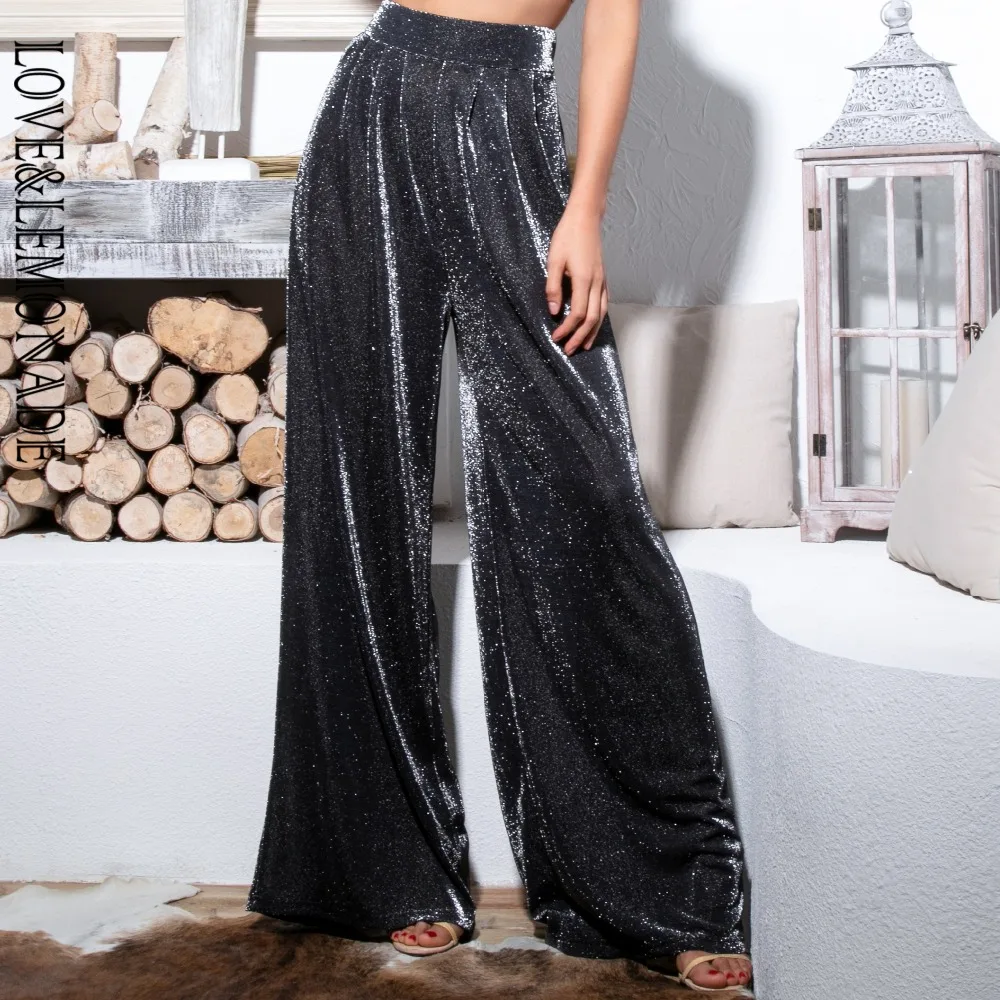 

Love&Lemonade Black High Waist Flash Fabric Wide Leg Pants LM81498 PANTS