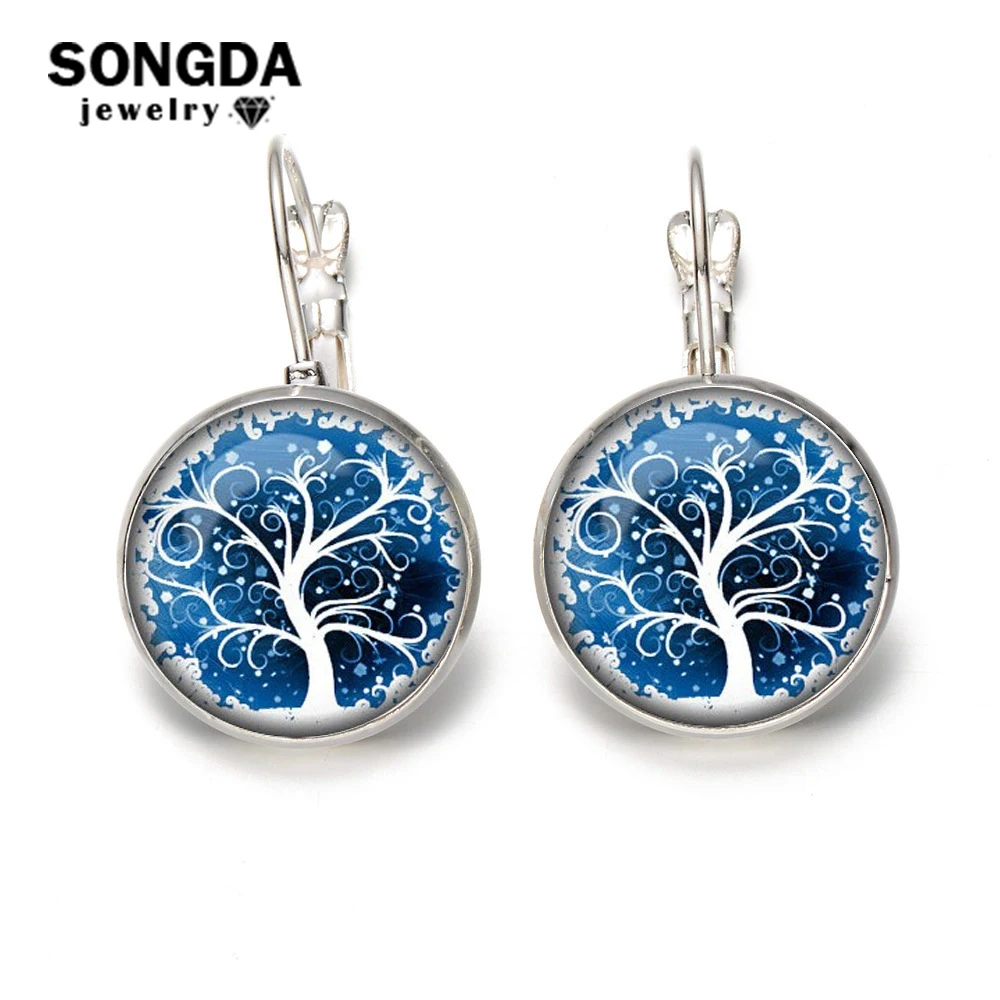 

SONGDA Cute Tree of Life Silver Fish Hook Earrings Snow & Tree Art Painting Crystal Glass Dome Handmade Earrings Party Jewelry