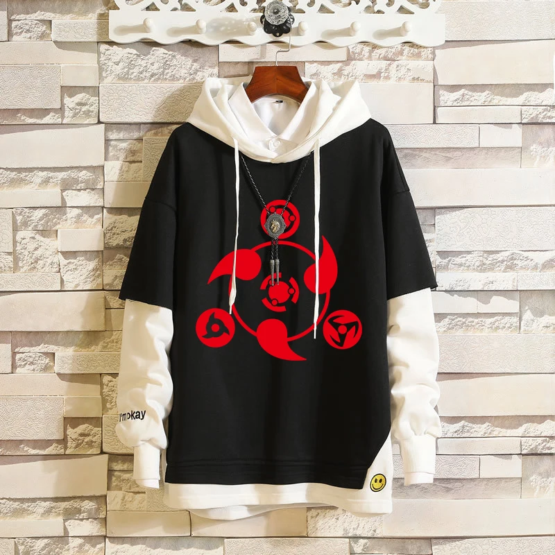 

Luminous Fake Two-Piece Hoodies Pullover Hokage Three Tomoe Kakashi Sharingan Hooded Sweatshirt Ribbed Layered Sleeve Streetwear