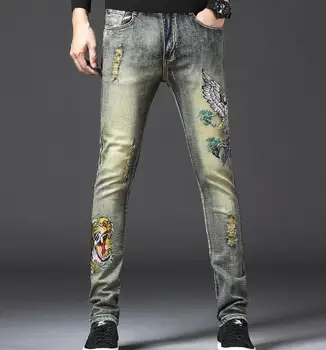 

Mens Patches Jeans Male Eagle Tiger Embroidery Hole Slim Pants Vintage Ripped Stretch Denim Skinny Jeans For Men